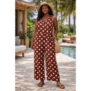 Monteau Polka Dot Brown Jumpsuit Medium Wide Leg Button Front